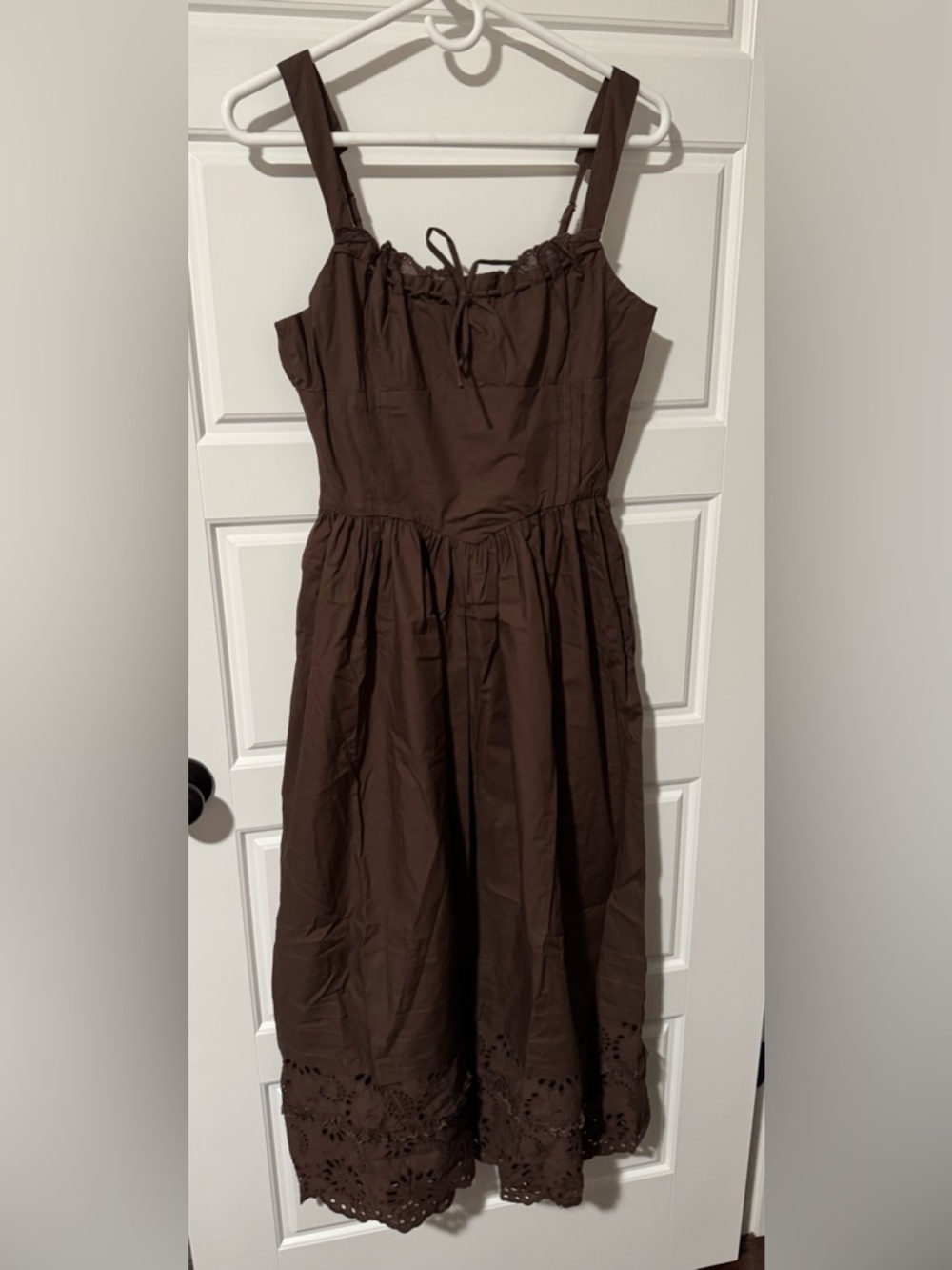 NWOT En Saison 100% Cotton Peasant Boho Midi Dress, Lace Accents, Brown, Size M